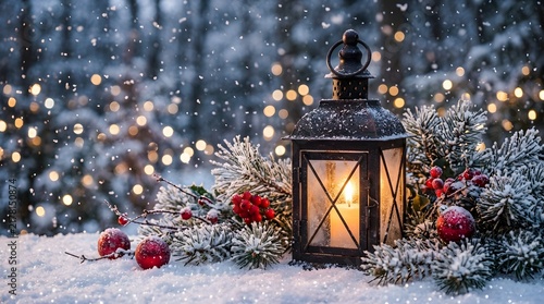 Vintage black metal lantern with glowing candle surrounded by snow and pine branches