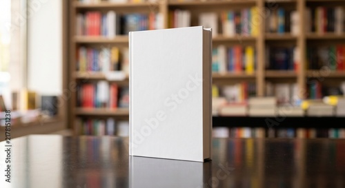 Blank white matte hardcover book mockup standing upright on a reflective table with a blurred bookstore background and soft ambient lighting.