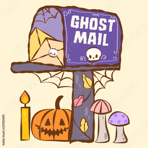 Cute Ghost Mail Halloween Illustration with Pumpkin, Mushrooms and Candle.