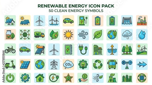 Renewable energy icon pack, 50 clean energy symbols for sustainability. Green technology icons set, eco friendly power generation graphics.