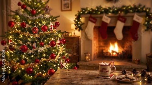 Cozy living room interior decorated for christmas with illuminated tree and glowing fireplace