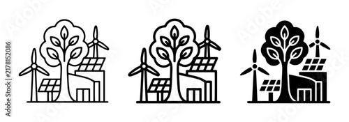 Eco-friendly energy icons: solar, wind, trees, and buildings