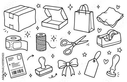 Shipping and packaging supplies doodles with cardboard boxes, labels, tape, scissors, twine, stamps and shopping bag