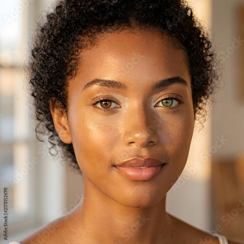 Young Mixed Race Woman With Heterochromia and Radiant Skin. Diversity and unique beauty concept.