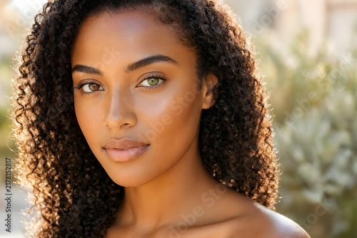 Young Mixed Race Woman With Heterochromia and Radiant Skin. Diversity and unique beauty concept.