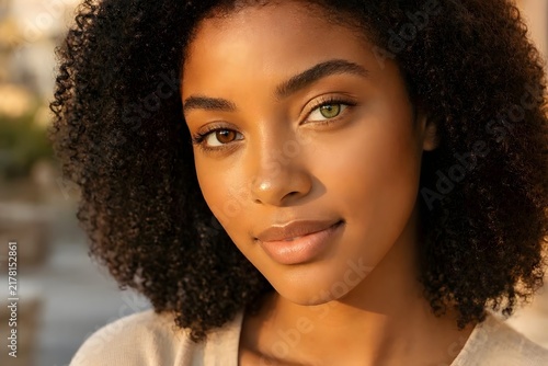 Young Mixed Race Woman With Heterochromia and Radiant Skin. Diversity and unique beauty concept.