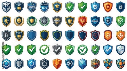 Security shield icons set, 55 colorful protection badges with checkmarks and locks, digital safety and cybersecurity emblems
