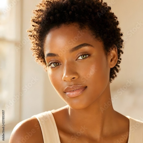 Young Mixed Race Woman With Heterochromia and Radiant Skin. Diversity and unique beauty concept.