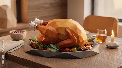 Plakat Low poly roasted turkey on wooden table.