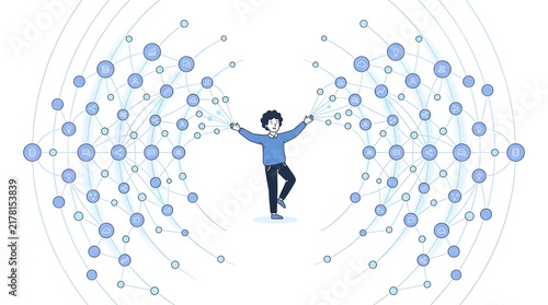 Man Standing Between Two Symmetrical Digital Network Icon Clusters