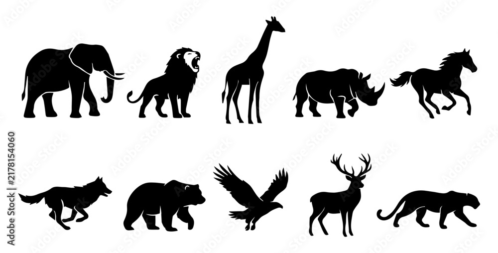 Fototapeta premium Wild animal and safari silhouette set with elephant, lion, giraffe, rhino, horse, wolf, bear, eagle, deer and panther shapes for wildlife, nature and zoo design, including 10 black vector illustration