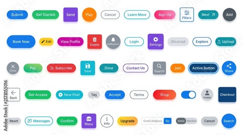 Modern UI button set, colorful web interface elements, flat call to action buttons for website and mobile app design