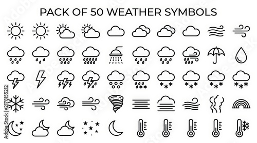 Minimalist pack of 50 weather symbols, black line weather icons set. Modern meteorology forecast signs for mobile app and web design.