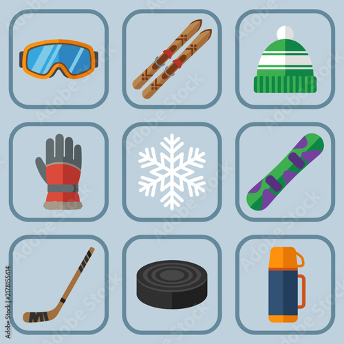 Set of winter sports equipment icons including skis, snowboard, and hockey gear.