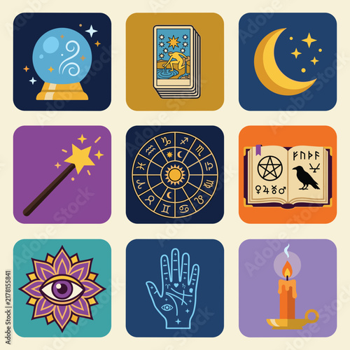 Set of colorful mystical icons for magic astrology and occult divination practices