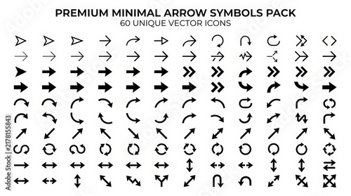 Minimal arrow symbols pack, 60 unique vector icons set, black directional pointers on white background, navigation graphic elements