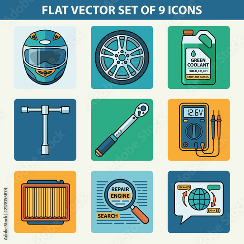 Automotive tools icon set illustrating car repair services and mechanical maintenance equipment