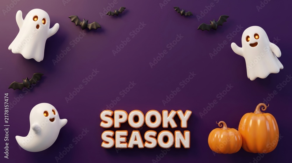 Obraz premium Festive halloween scene with cute ghosts pumpkins and bats on a purple background