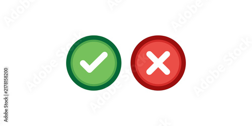 Foto Set of green check and red cross circular buttons for feedback and validation