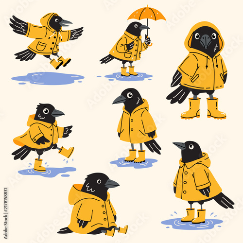 Cute Crow in Yellow Raincoat Illustration Collection