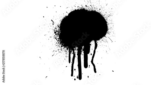 Black spray paint drip on transparent background Ink splat with paint drips and fine splatters Isolated grunge graphic element for design