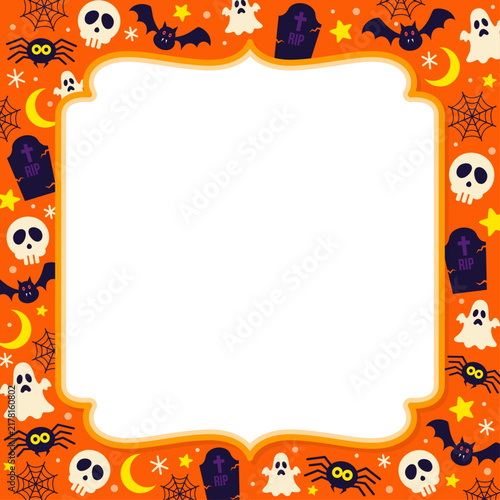 Halloween border with spooky cartoon characters, orange festive frame for invitations, cute ghost and skull pattern vector
