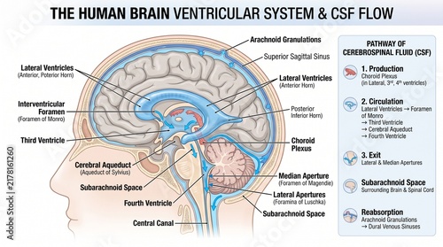 Human brain ventricular system and cerebrospinal fluid flow anatomical medical diagram.