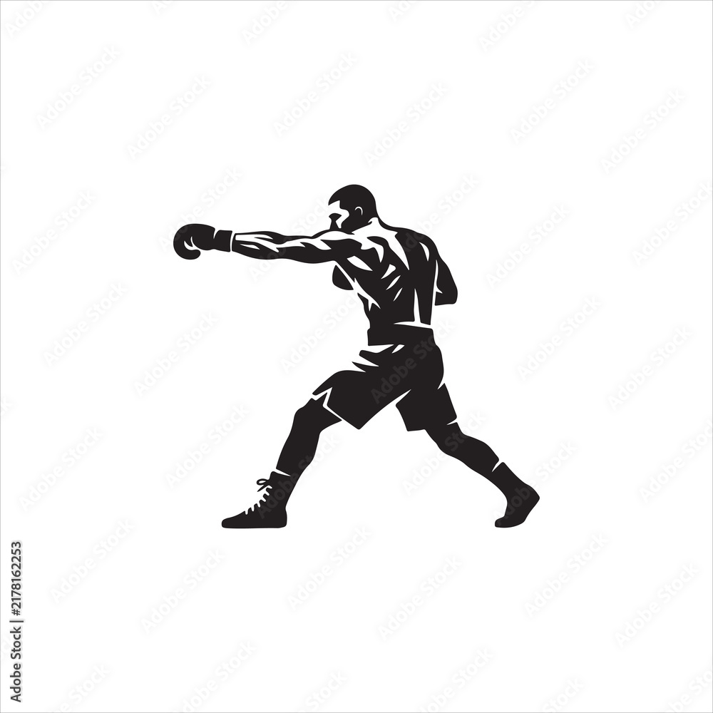 Fototapeta premium Black and White Vector Illustration of a Boxer Throwing a Straight Punch in a Fighting Stance