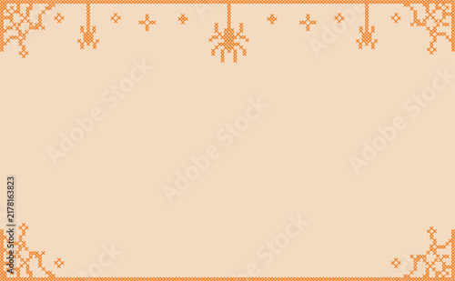 Cross stitch Halloween frame border template. Spooky embroidery folk art background. Digital ribbon design with spider. Cobweb trim layout, vintage autumn needlework decoration banner with copyspace.