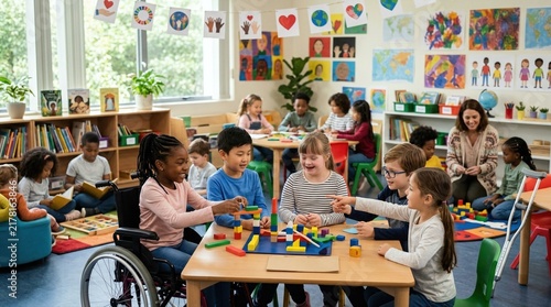 Diverse children playing with building blocks inside a bright classroom. Inclusive education fostering friendship and happiness among. World Childrens Day and equality in modern learning.