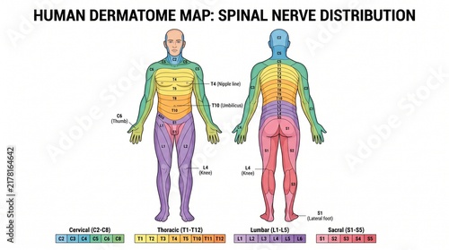 Human Dermatome Map Showing Spinal Nerve Distribution and Sensory Skin Areas