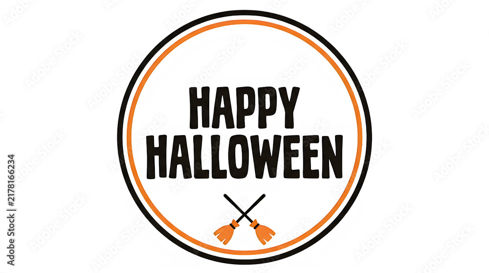 Fototapeta premium Transparent, Happy Halloween vector label with crossed broomsticks, circular badge emblem design, orange and black witch magic icon for seasonal party invitations, festival stamps