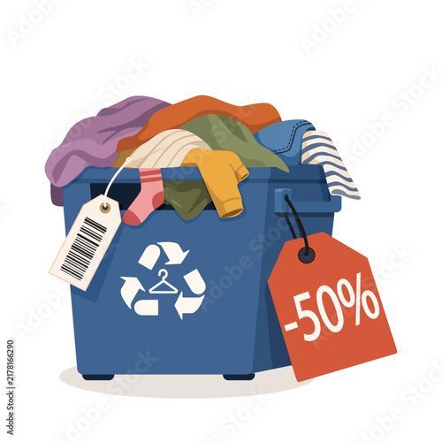 Blue recycling bin filled with second-hand clothes, featuring discount tag and price label, sustainable fashion, textile recycling, eco-friendly shopping,and affordable apparel waste management,vector
