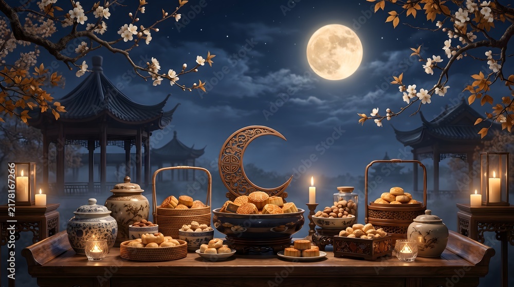 Obraz premium Mid Autumn Festival Table with Mooncakes Lanterns and Pavilion Under Full Moon at Night