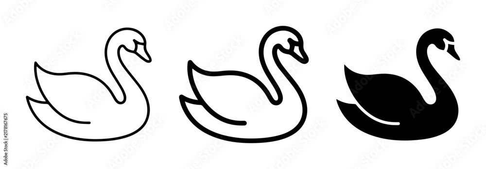 Fototapeta premium Elegant Swan Icons, Black and White Line Art Vector Set, Graceful Bird Graphics