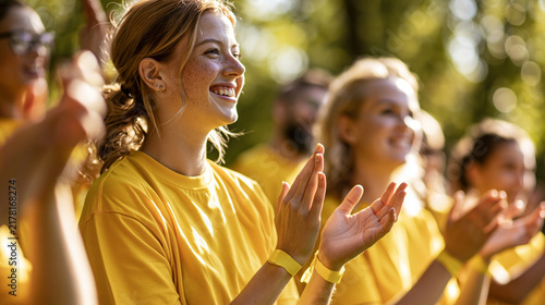 Applause, tablet and volunteer people outdoor for food drive celebration, motivation or success. App, charity and support with excited friends clapping in park together for community outreach