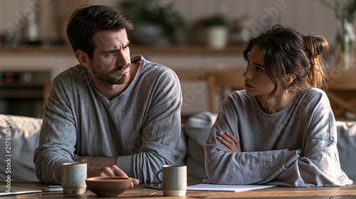 Displeased couple talking about problems in their relationship at home