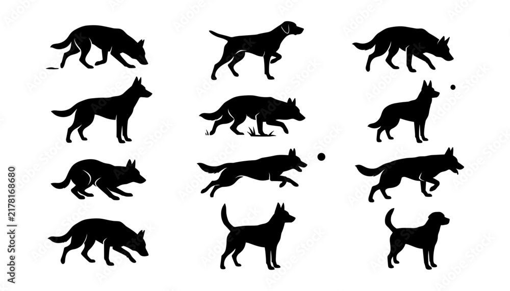 Obraz premium Dog Silhouettes Set, Various Poses and Actions, Vector Illustration