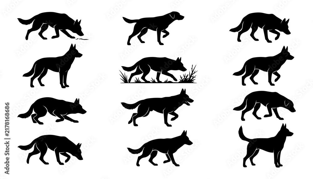 Obraz premium Dogs, Silhouette Set of Canine Figures in Various Poses Featuring Dog, Animal