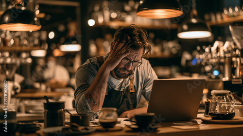 Frustrated man, barista and laptop with mistake for fatigue, eye strain or company bankruptcy at restaurant. Male person, bartender or overworked on computer for fail, loss or debt at indoor bar