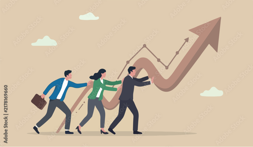 Obraz premium help business resistance support for business growth, cooperation to improve and raising performance concept, business team members help push arrow rising up graph.