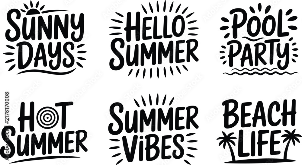 Obraz premium Summer typography quote collection with hand drawn lettering vectors for sunny days beach life pool party and vacation designs isolated on white