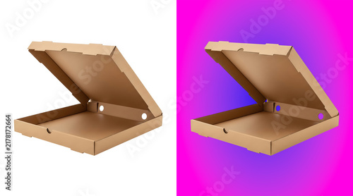 An empty brown cardboard pizza box with an open lid, isolated on a white background, for food delivery, and restaurant packaging presentation