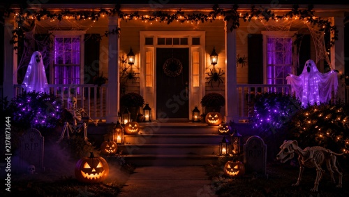Fotografie Haunted House Halloween Decorations at Night