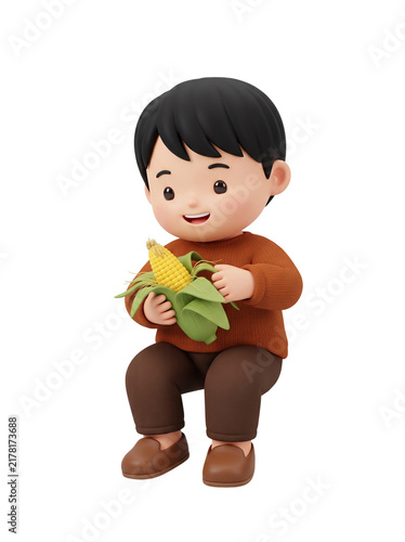 Boy With Black Hair Wearing Orange Sweater Sitting And Shucking Corn