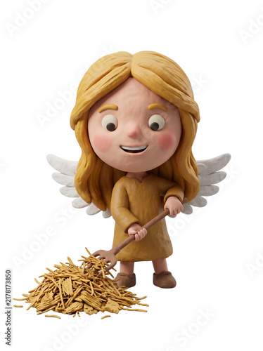 Angel With Blonde Hair Wearing Yellow Dress Smiling While Raking Hay