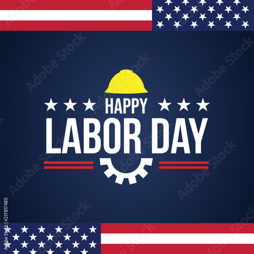 Happy Labor Day celebration banner with hard hat and American flag background for workplace events