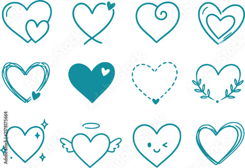 Set of teal heart icons featuring various styles and shapes for digital decoration and creative graphic design projects on white.