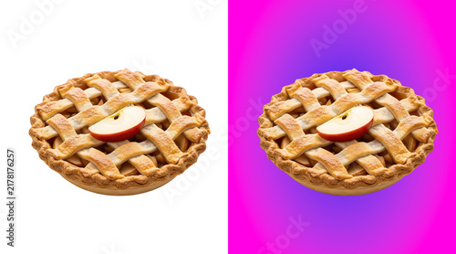 Freshly baked round apple pie with a lattice crust and a single apple slice on isolated on a white background, for food display