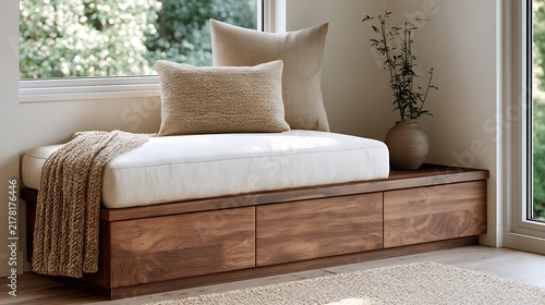 Cozy Window Bench Seat with Storage Drawers in Modern Interior.